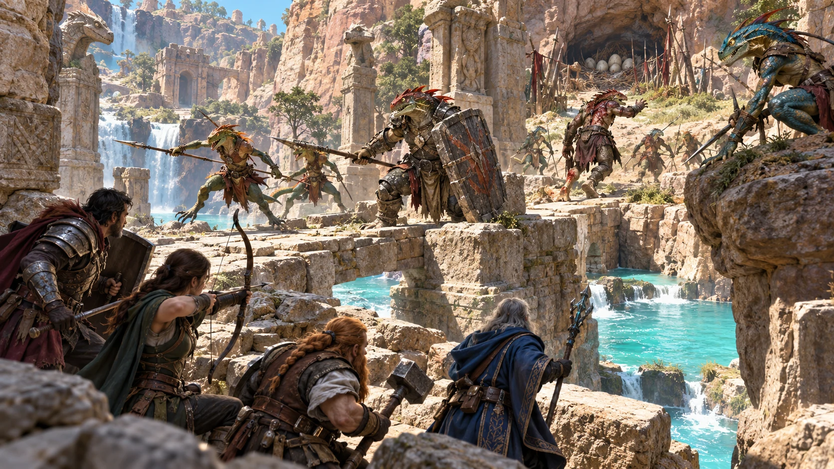 Fantasy illustration of adventurers facing spear and shield-bearing reptilian creatures across a ruined stone bridge