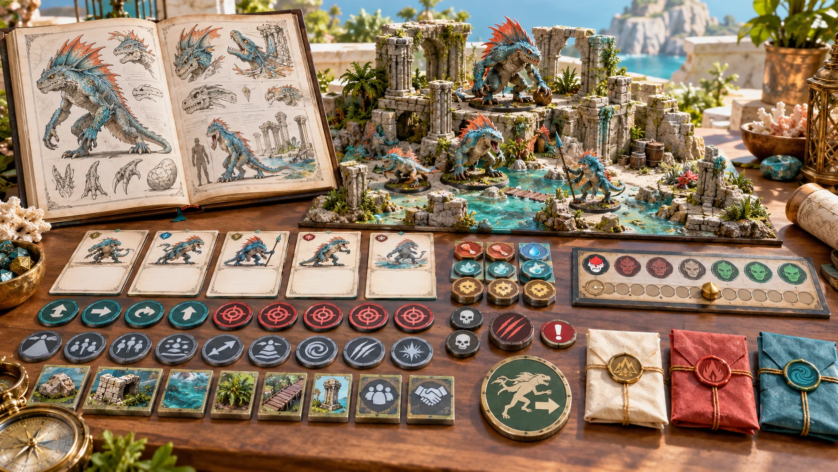 Fantasy illustration of a creature sketchbook beside a ruined terrain model, reference cards and tactical tokens
