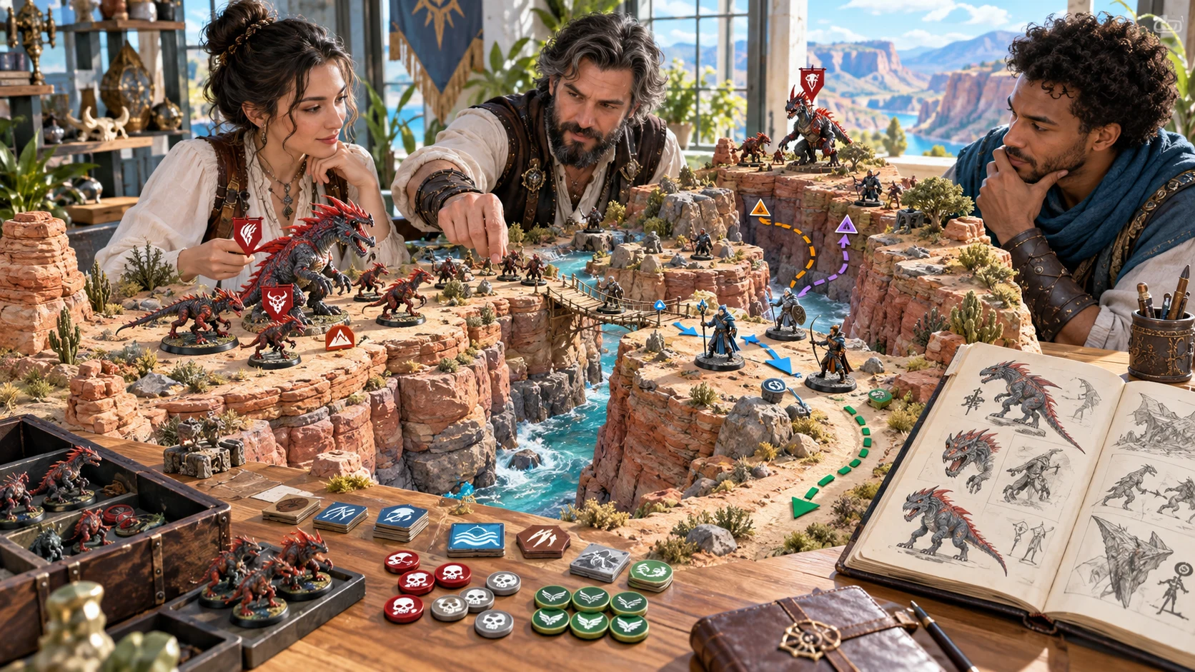 Fantasy illustration of three people planning around a canyon terrain model with creature miniatures and route markers